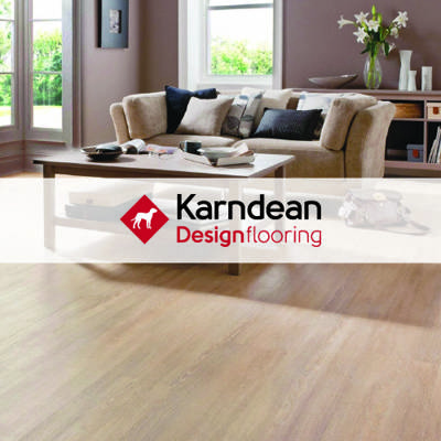 karndean design flooring logo imposed over living space with light oak coloured flooring