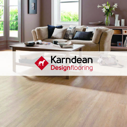 karndean design flooring logo imposed over living space with light oak coloured flooring