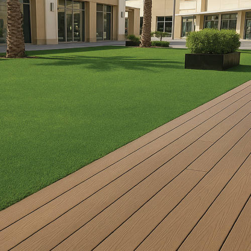 decking and artificial grass in apartment complex garden