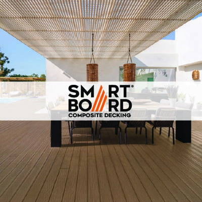 smart board composite decking logo imposed over photo of dark wooden decking