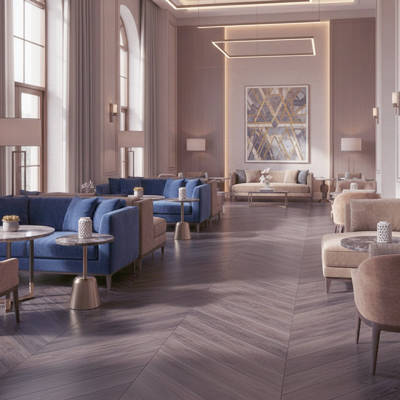 RP Chevron Butterscotch 19 Engineered Wood Flooring Hotel Waitingarea